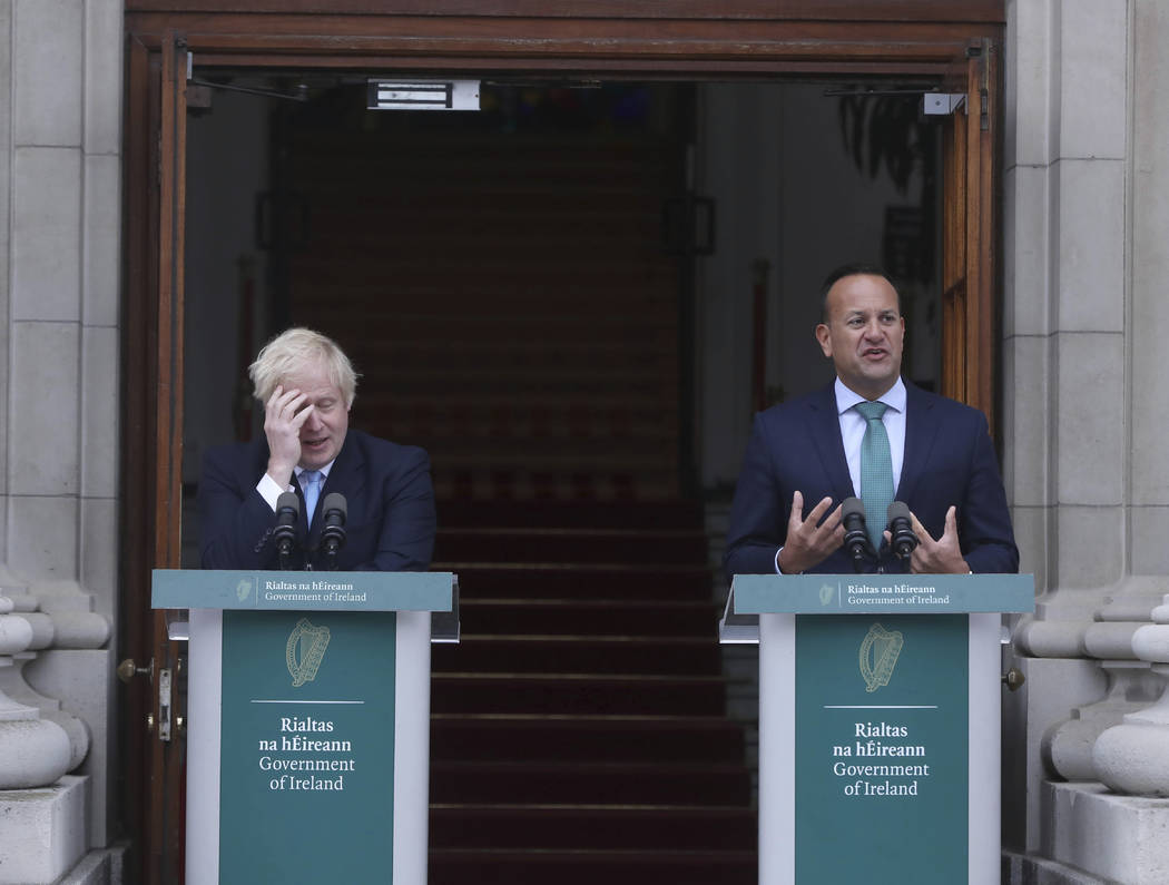 Britain's Prime Minister Boris Johnson, left, meets with Ireland's Prime Minister Leo Varadkar ...