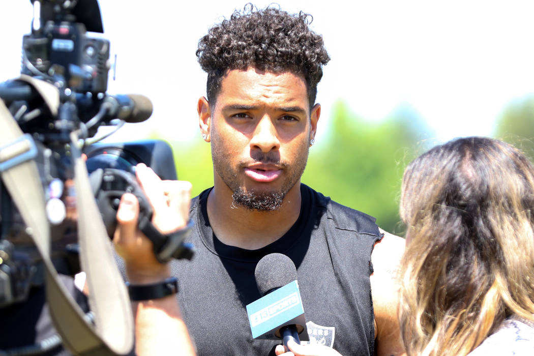 Oakland Raiders wide receiver Keelan Doss gives an interview during the NFL team's training cam ...