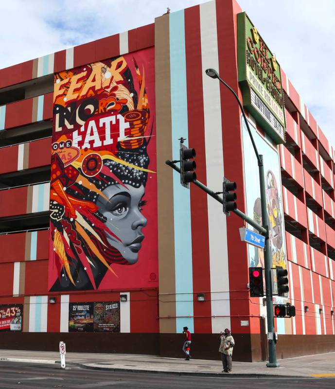 A mural is shown as setup goes on for the Life is Beautiful music and arts festival in downtown ...