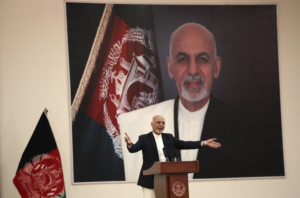 In a Sept. 9, 2019, photo, Afghan President Ashraf Ghani speaks during a ceremony to introduce ...