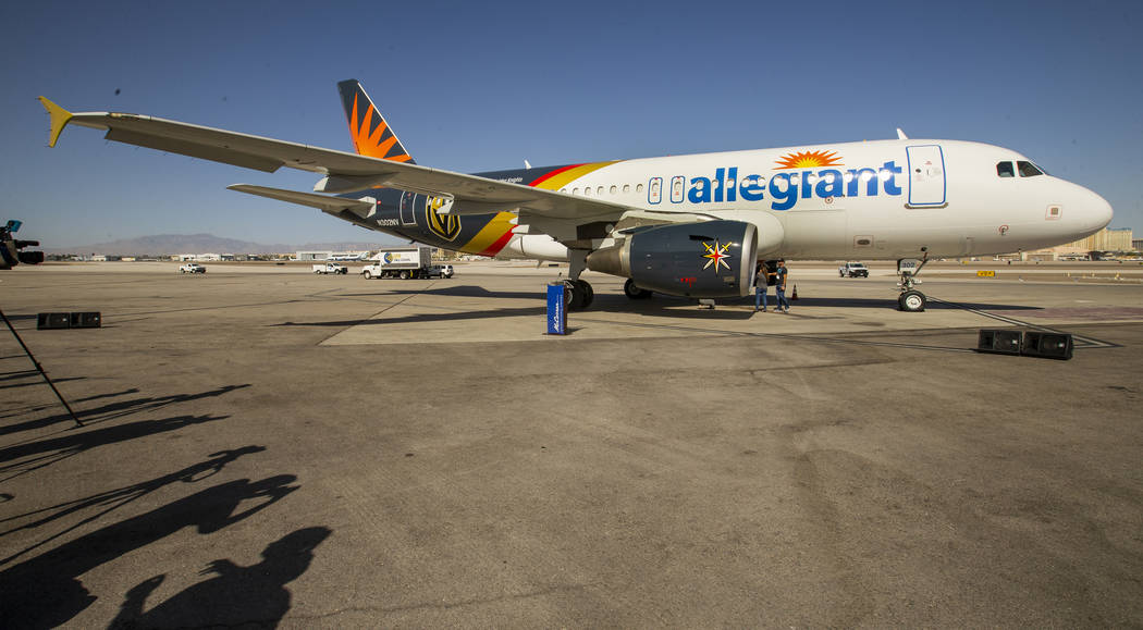 Allegiant unveils a new Golden Knights-themed plane at McCarran on Tuesday, Sept. 10, 2019, in ...