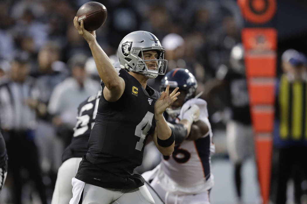 Oakland Raiders quarterback Derek Carr throws during the first half of an NFL football game aga ...