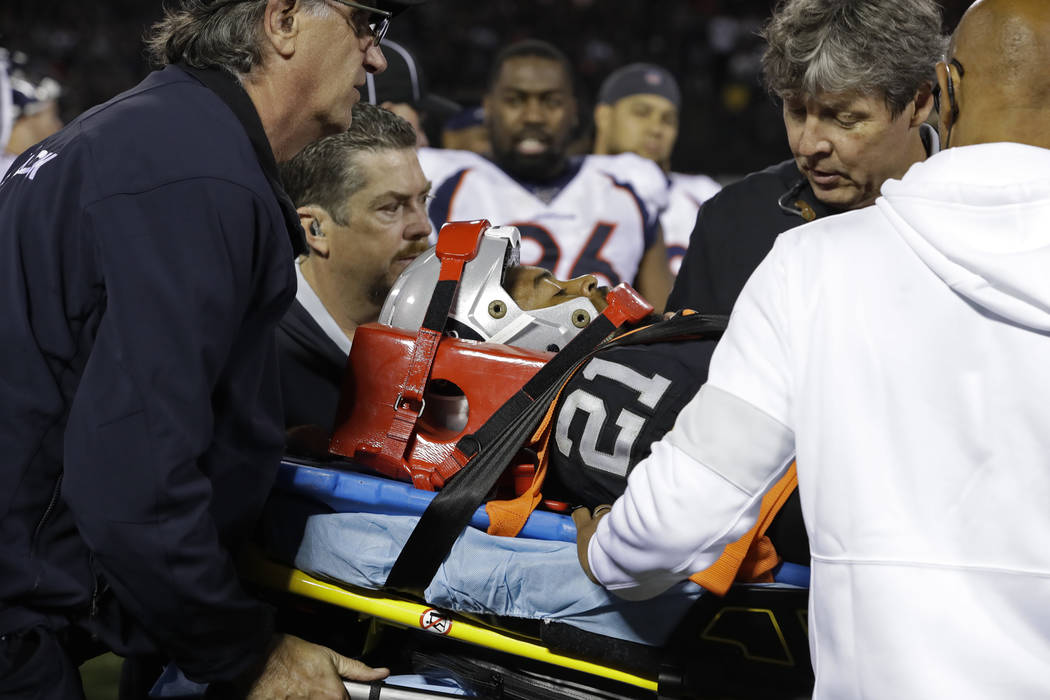 Oakland Raiders cornerback Gareon Conley leaves the game on a stretcher after an injury during ...