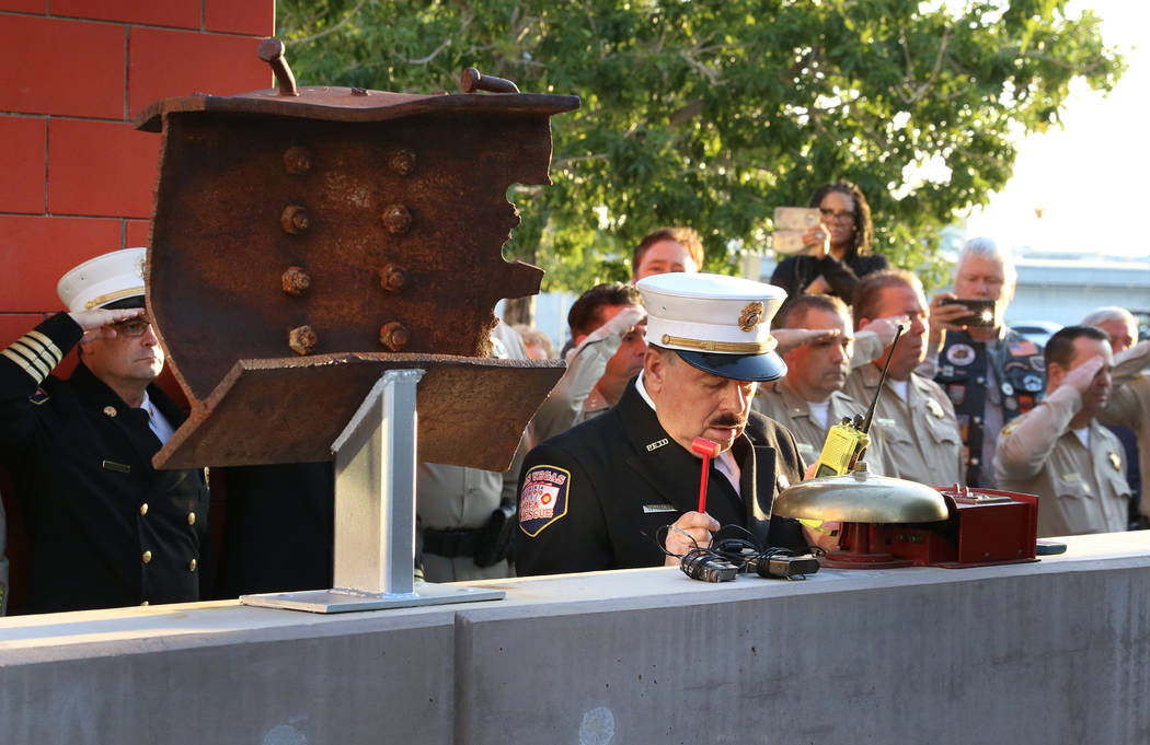 Twisted pieces of steel from the World Trade Center towers is displayed as Las Vegas Fire Depar ...