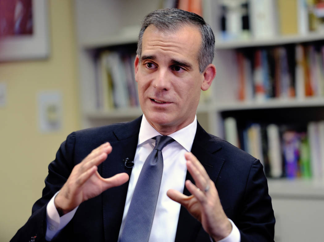 FILE - In this Aug. 16, 2018 file photo Los Angeles Mayor Eric Garcetti talks during an intervi ...