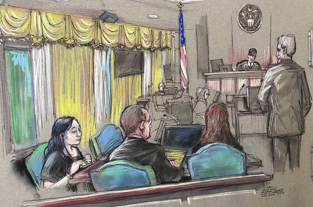 In an April 15, 2019, file court sketch, Yujing Zhang, left, a Chinese woman charged with lying ...