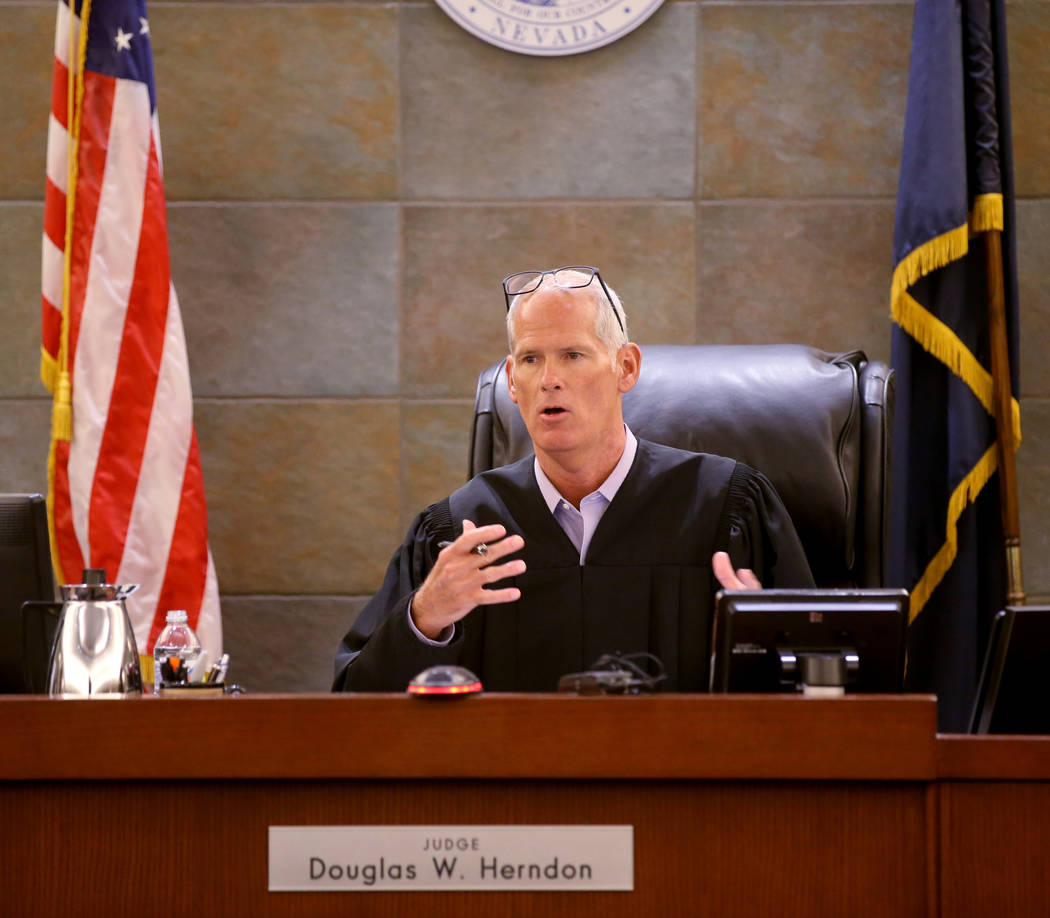 Judge Douglas Herndon presides in court at the Regional Justice Center in Las Vegas Wednesday, ...