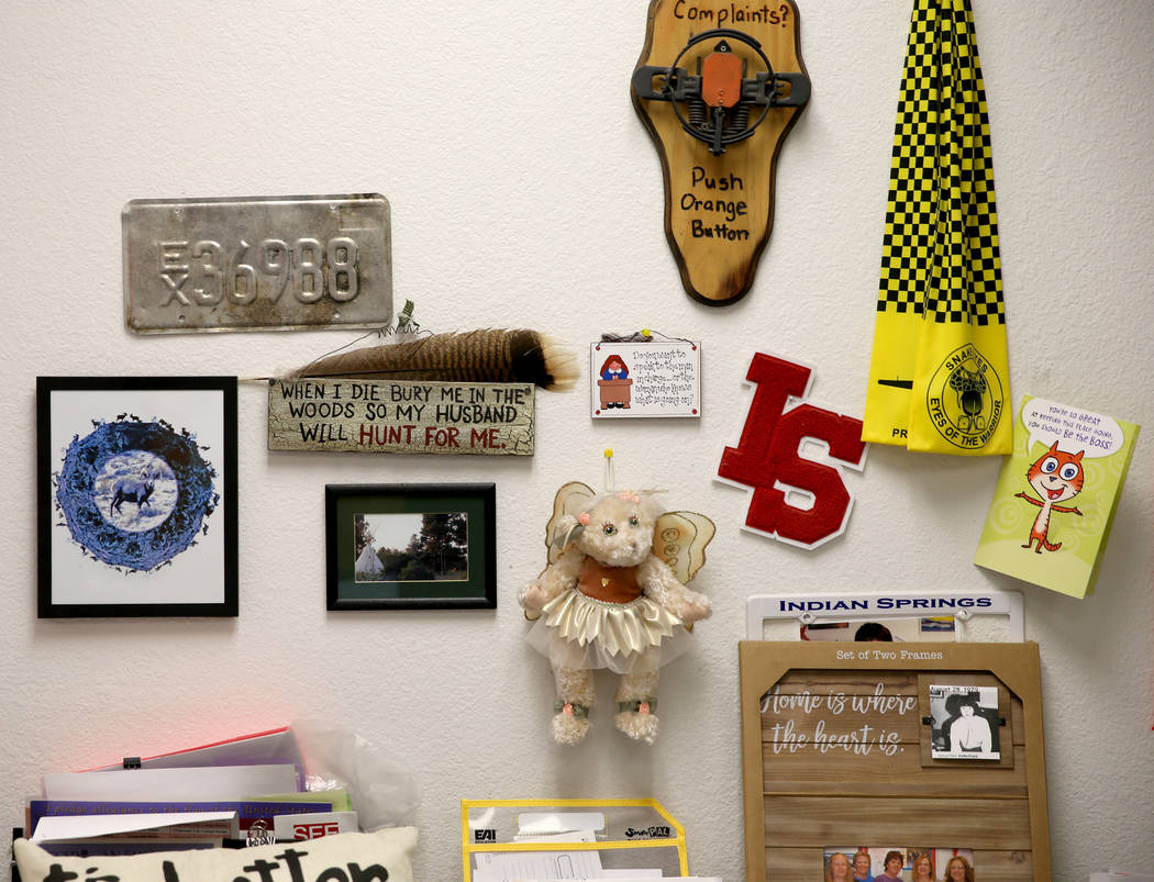 Memorabilia in the office of Dottie Frank, an administrative school secretary at Indian Springs ...