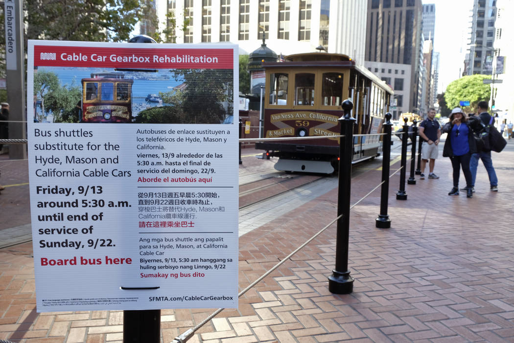 A sign on California Street alerts riders of an upcoming cable car shut down Wednesday, Sept. 1 ...