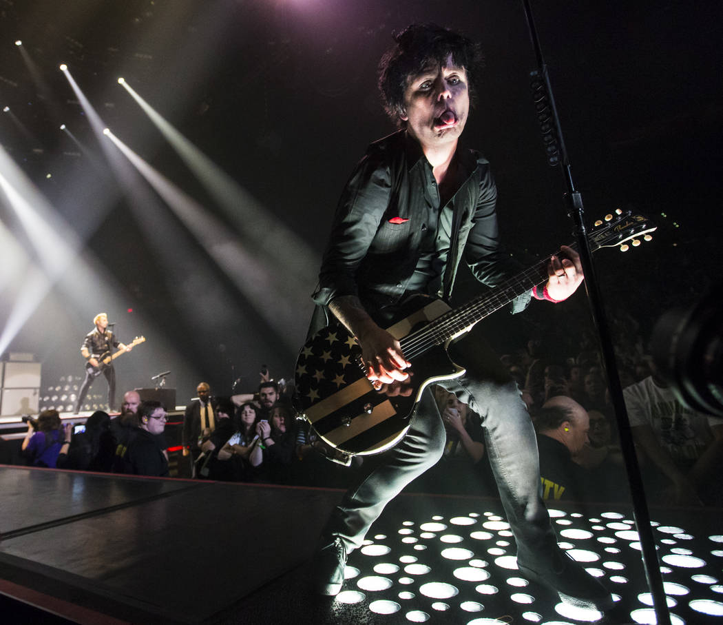 Billie Joe Armstrong of Green Day performs at the MGM Grand Garden Arena in Las Vegas, April 7, ...