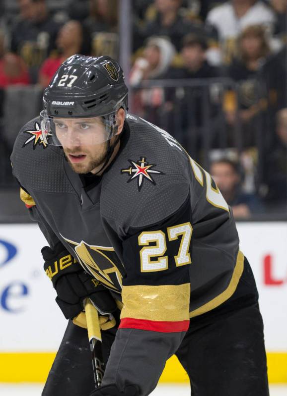 Golden Knights defenseman Shea Theodore (27) on Friday, March 29, 2019, at T-Mobile Arena, in L ...