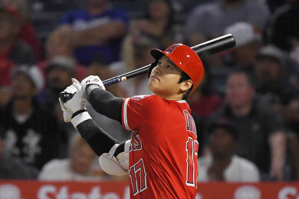 Los Angeles Angels' Shohei Ohtani flies out during the first inning of the team's baseball game ...