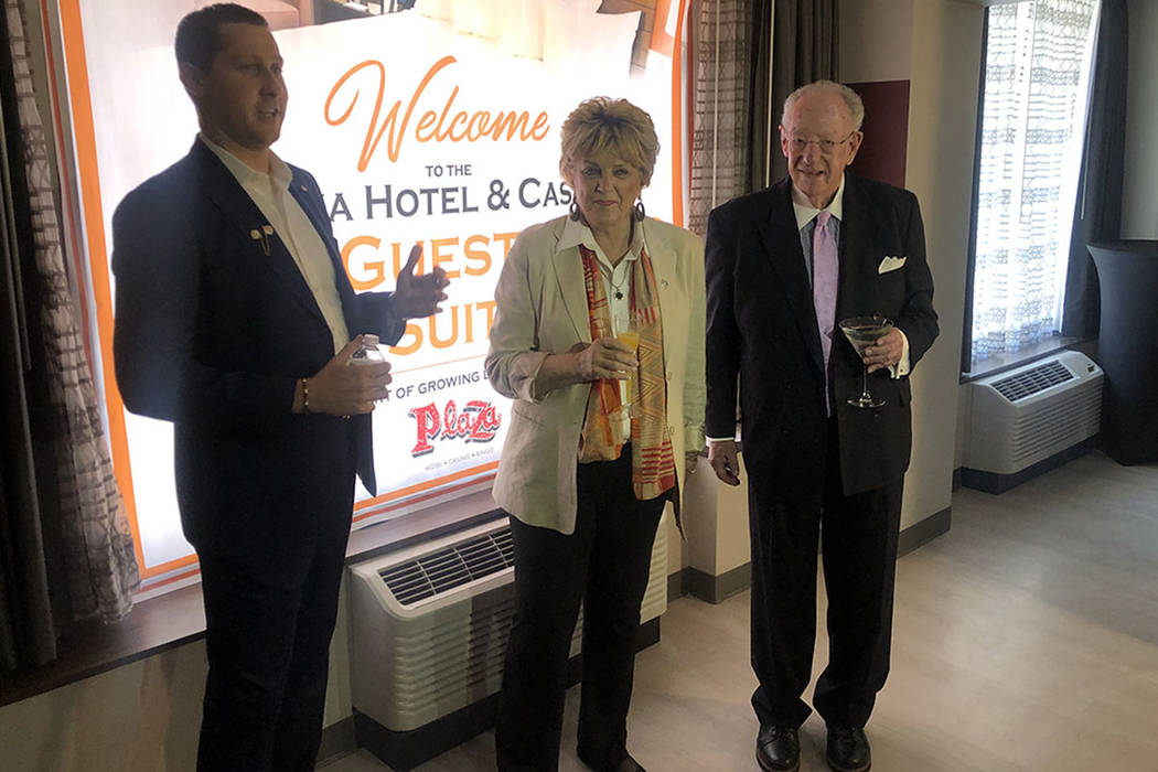 Plaza CEO Jonathan Jossel, left, stands with Las Vegas Mayor Carolyn Goodman and former Mayor O ...