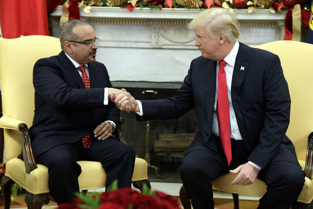 FILE--President Donald Trump meets with Bahrain's Crown Prince Salman bin Hamad Al Khalifa in t ...