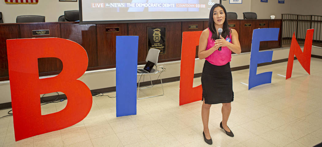 Michelle Kwan, two-time Olympic figure skating medalist, speaks during a Democratic presidentia ...