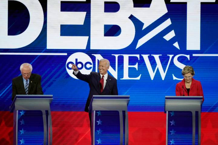 From left, presidential candidates Sen. Bernie Sanders, I-Vt, former Vice President Joe Biden a ...