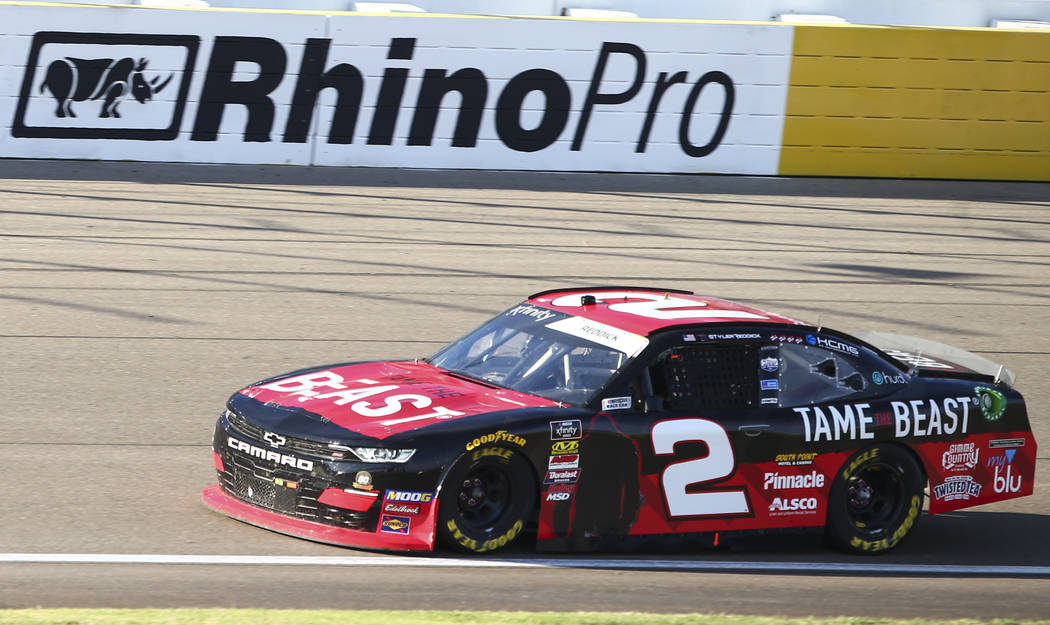 Tyler Reddick drives during a NASCAR Xfinity Series auto race at the Las Vegas Motor Speedway o ...