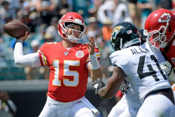 FILE - In this Sunday, Sept. 8, 2019, file photo, Kansas City Chiefs quarterback Patrick Mahome ...