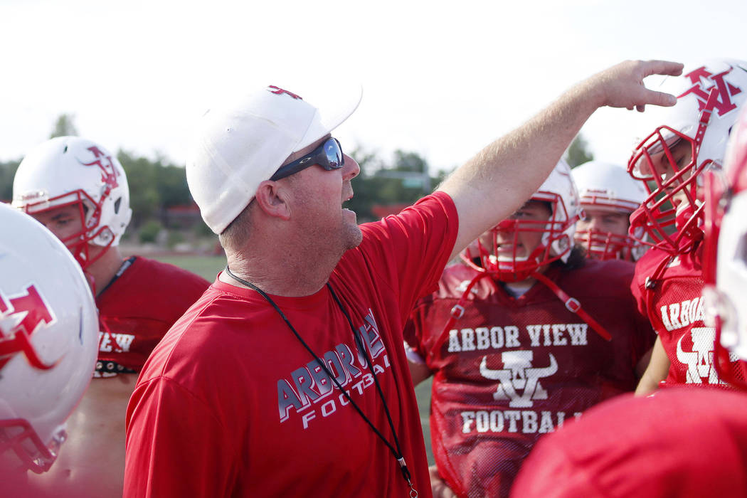 Arbor View varsity football head coach Matt Gerber during practice at Arbor View High School in ...