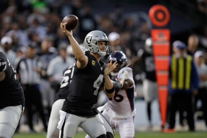 Oakland Raiders quarterback Derek Carr throws during the first half of an NFL football game aga ...