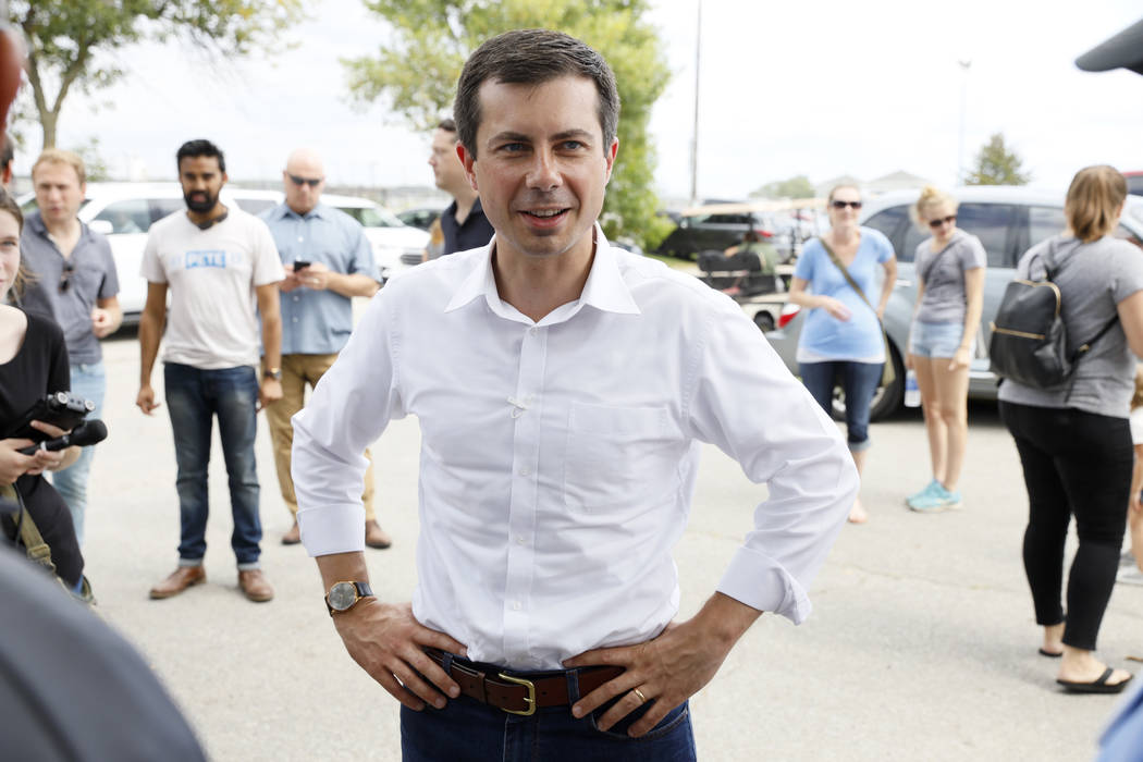 FILE - In this Sept. 2, 2019, file photo, Democratic presidential candidate Pete Buttigieg talk ...