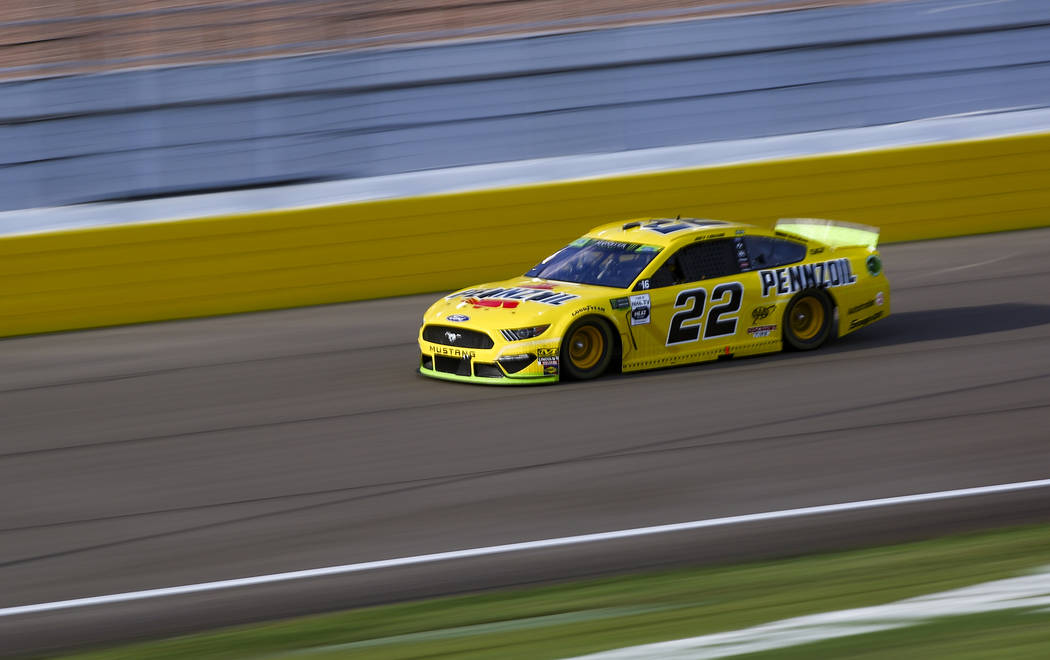 Joey Logano (22) drives during a NASCAR Cup Series auto race at Las Vegas Motor Speedway, Sunda ...