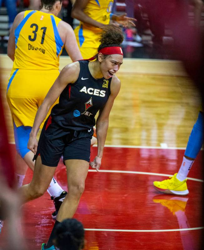 Las Vegas Aces forward Dearica Hamby (5) is pumped after scoring again over the Chicago Sky def ...