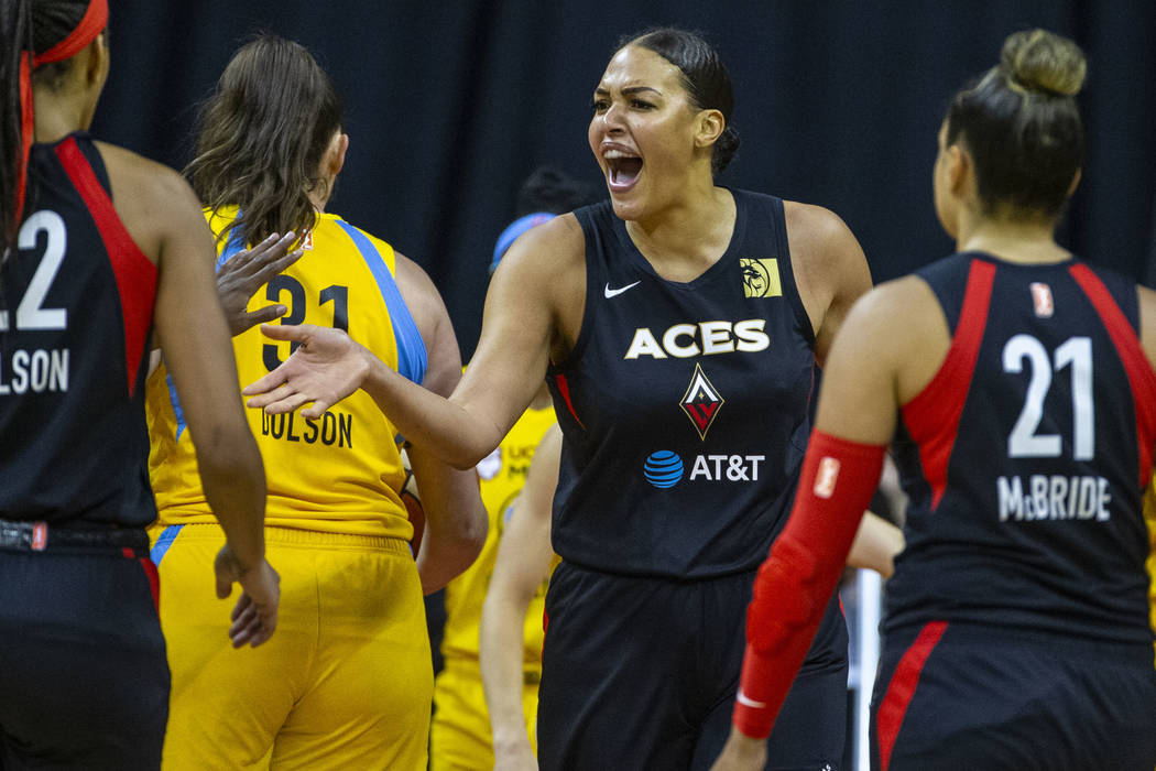 Las Vegas Aces center Liz Cambage (8) gets pumped after scoring against the Chicago Sky during ...
