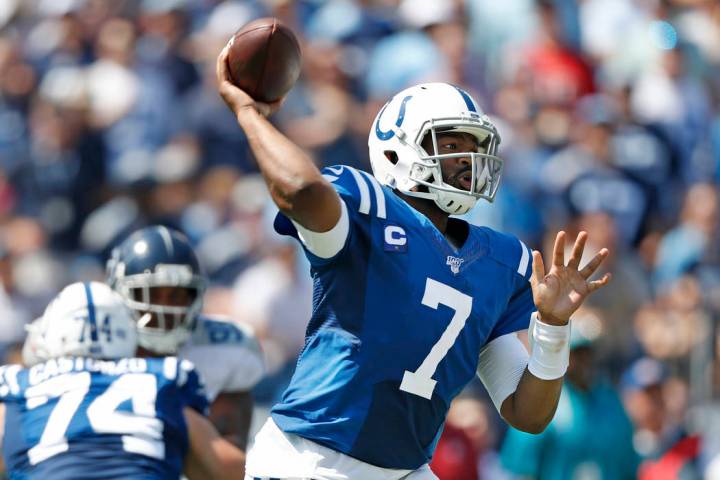 Indianapolis Colts quarterback Jacoby Brissett (7) passes against the Tennessee Titans in the f ...