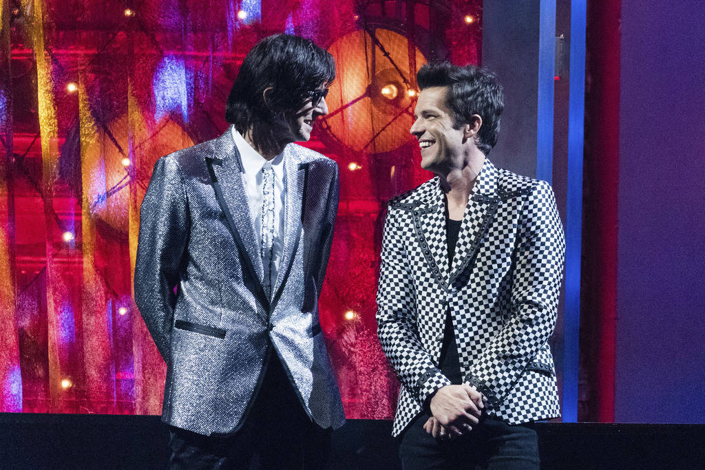 Ric Ocasek, left, and Brandon Flowers is seen at the 2018 Rock and Roll Hall of Fame Induction ...