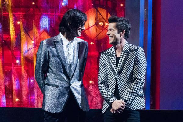 Ric Ocasek, left, and Brandon Flowers is seen at the 2018 Rock and Roll Hall of Fame Induction ...