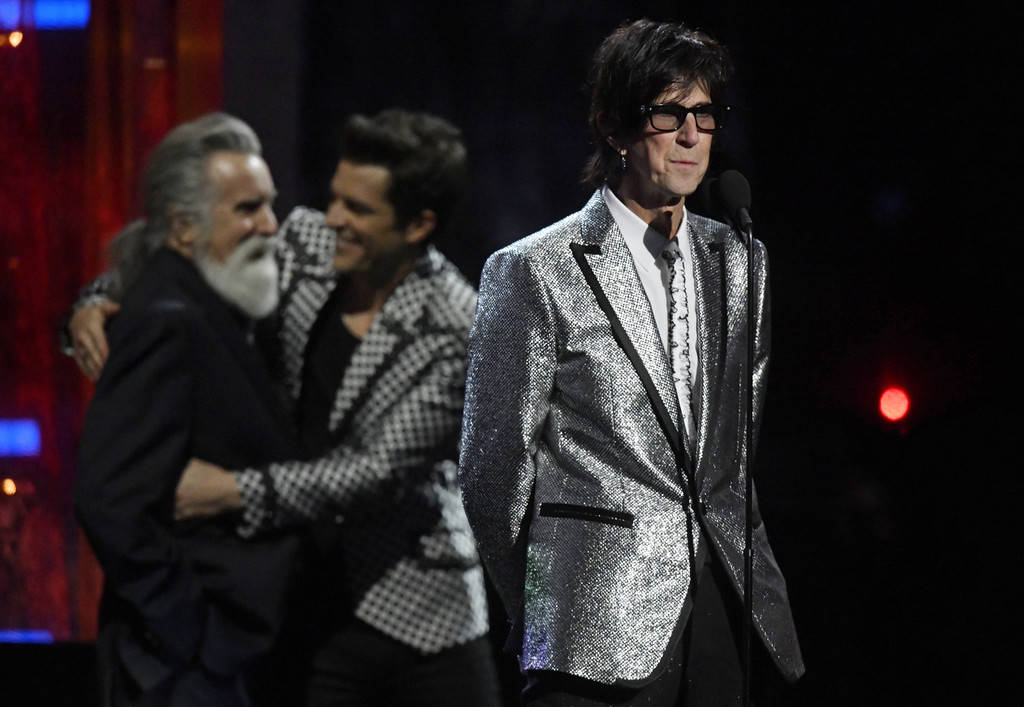 Inductee Ric Ocasek of The Cars speaks during the Rock and Roll Hall of Fame induction ceremony ...
