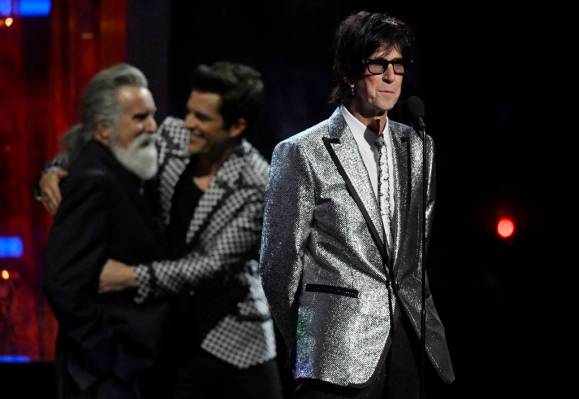 Inductee Ric Ocasek of The Cars speaks during the Rock and Roll Hall of Fame induction ceremony ...