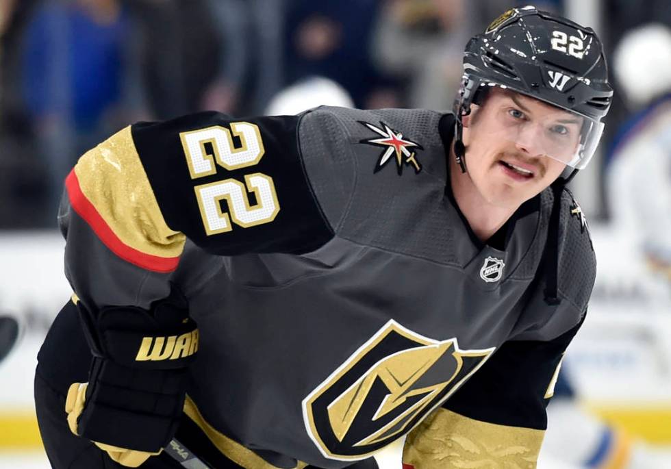 Vegas Golden Knights defenseman Nick Holden warms up before an NHL hockey game against the St. ...