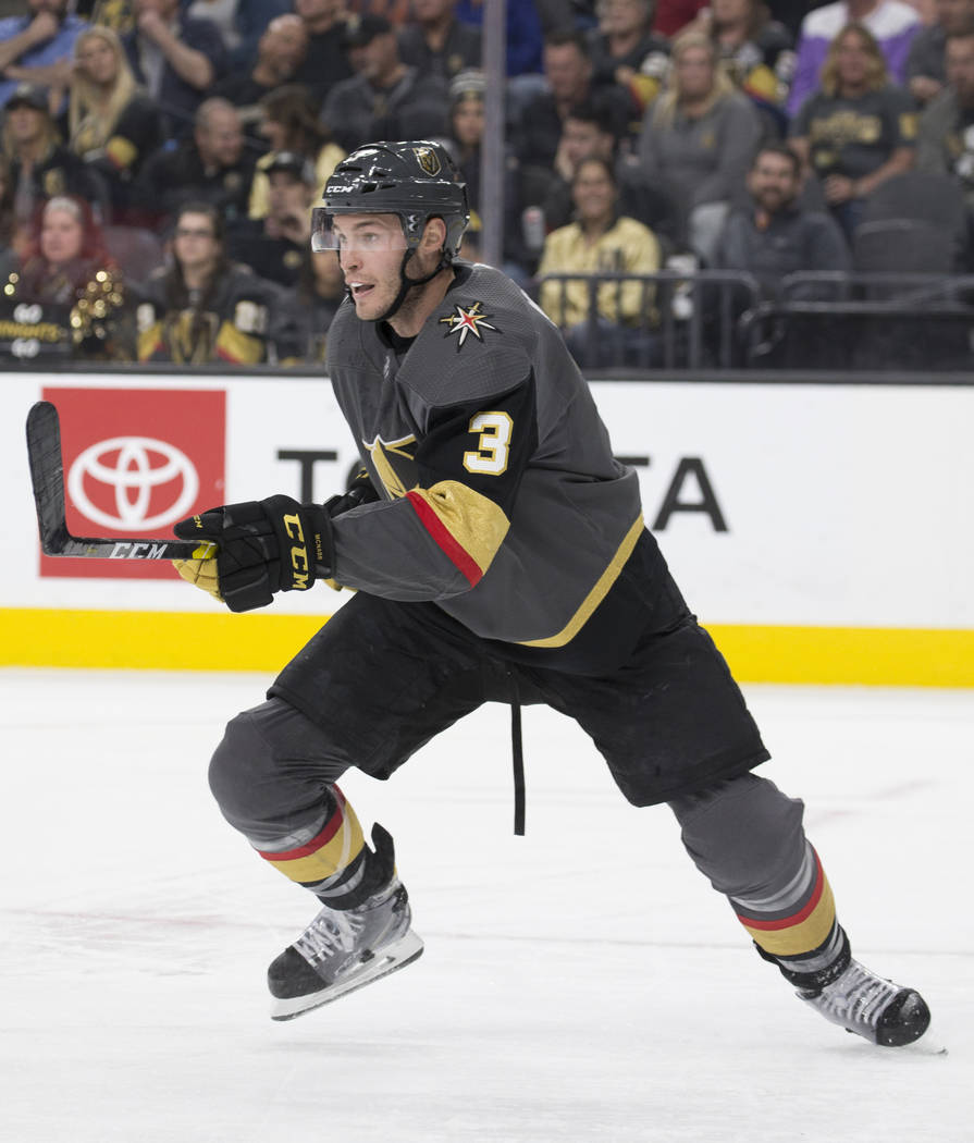 Golden Knights defenseman Brayden McNabb (3) on Monday, April 1, 2019, at T-Mobile Arena, in La ...