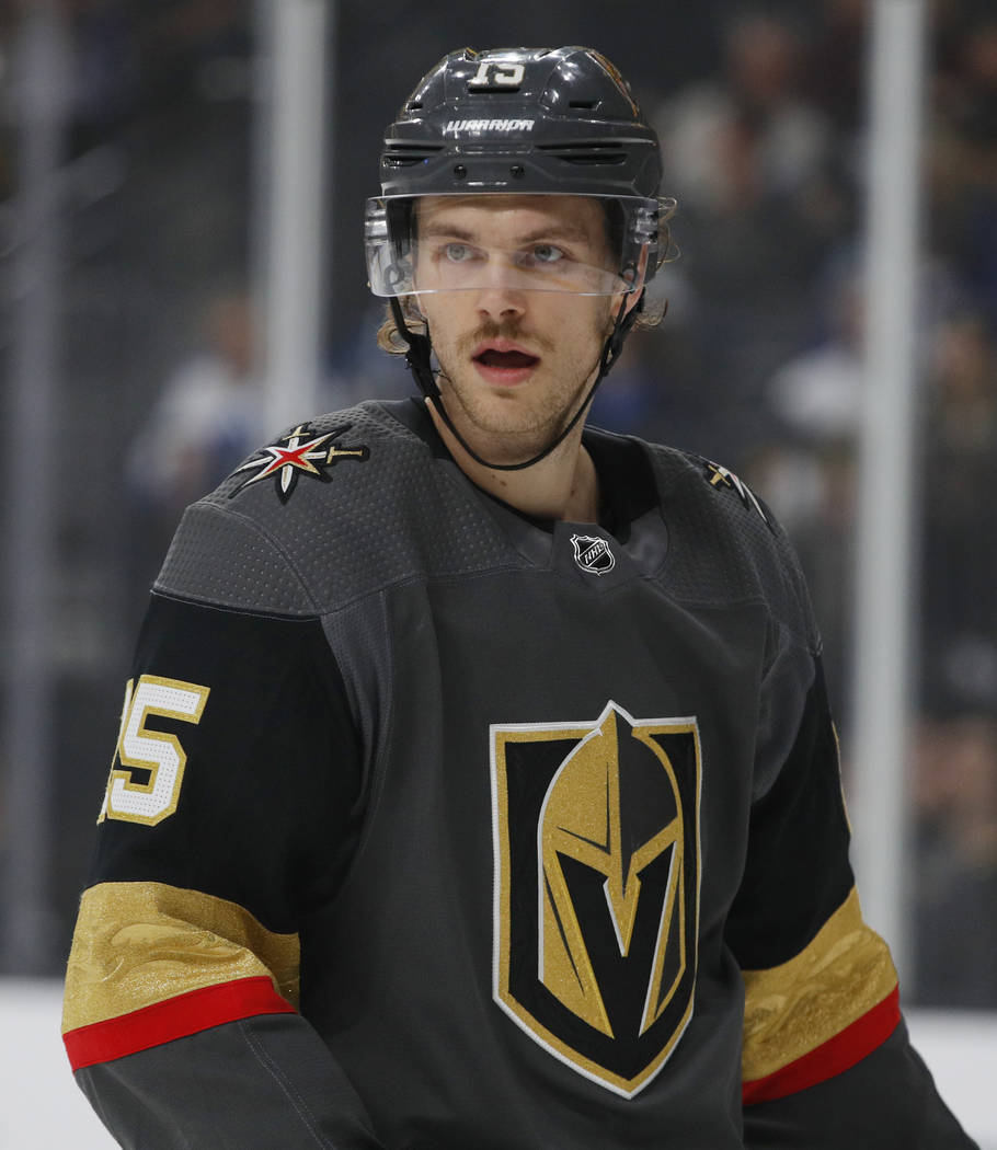 Vegas Golden Knights defenseman Jon Merrill (15) plays against the Toronto Maple Leafs during t ...