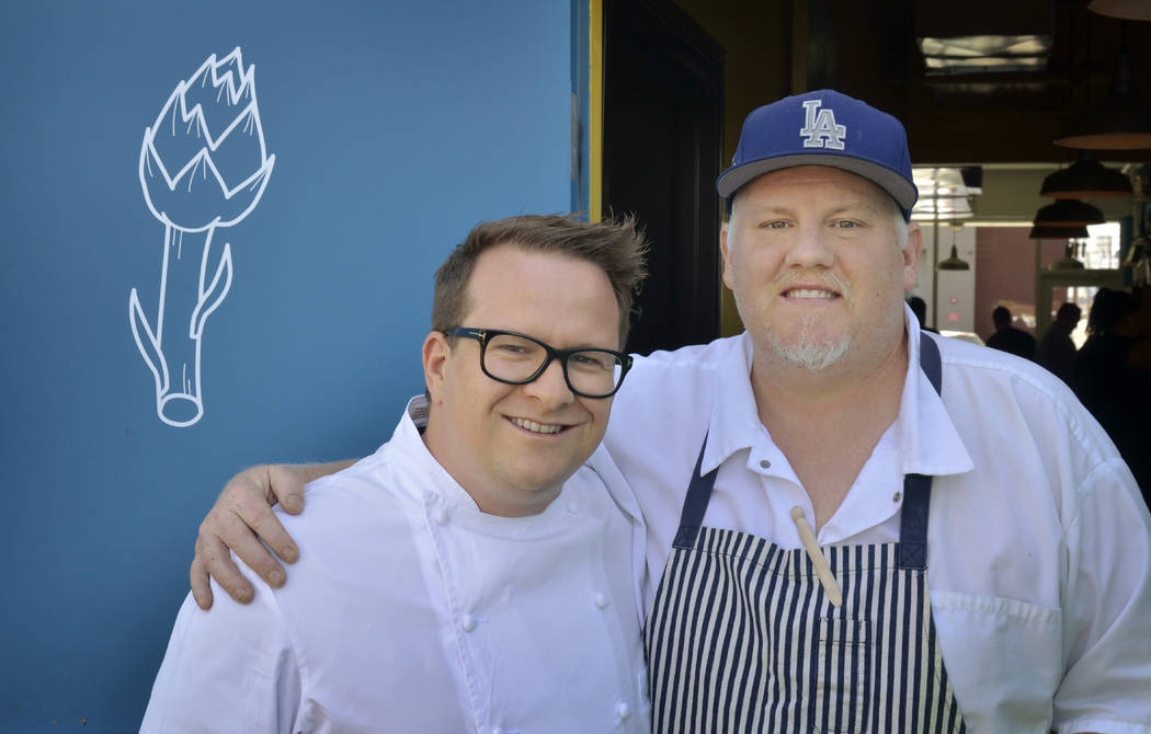 Chefs Brian Howard of Sparrow+Wolf, left, and James Trees of Esther’s Kitchen are shown ...