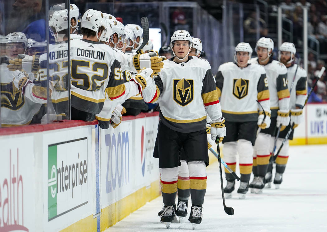 Vegas Golden Knights left wing Valentin Zykov (7) celebrates a goal against the Colorado Avalan ...