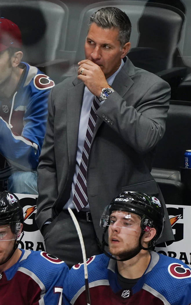 Colorado Avalanche coach Jared Bednar reacts to a call during the third period of the team's pr ...