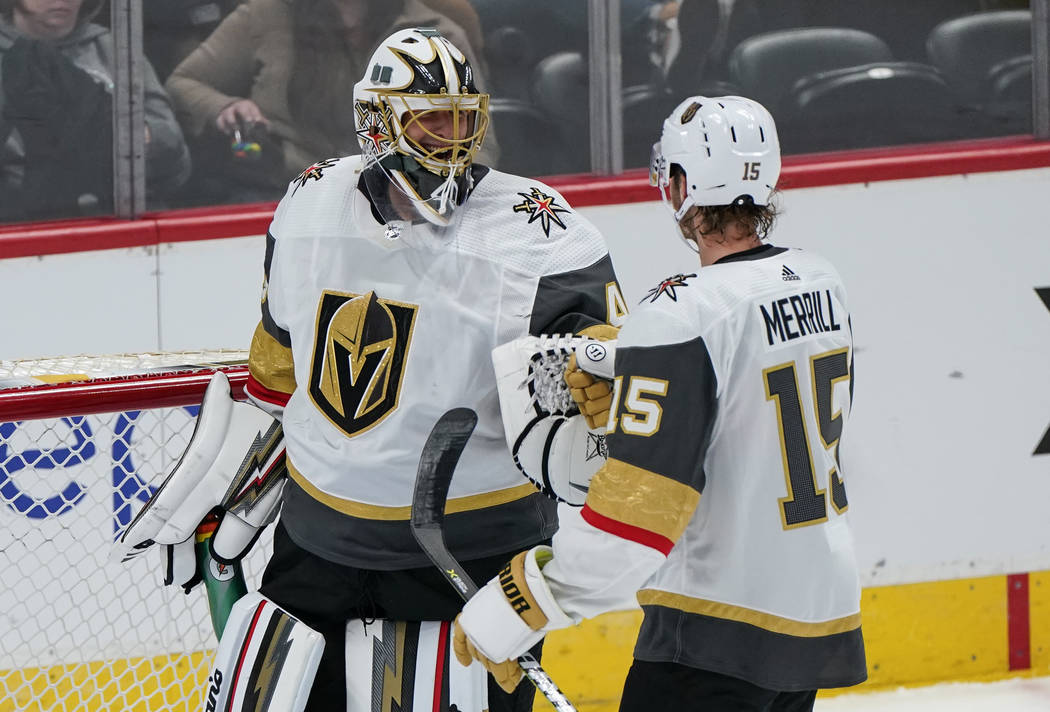 Vegas Golden Knights goaltender Garret Sparks (40) celebrates a win against the Colorado Avalan ...