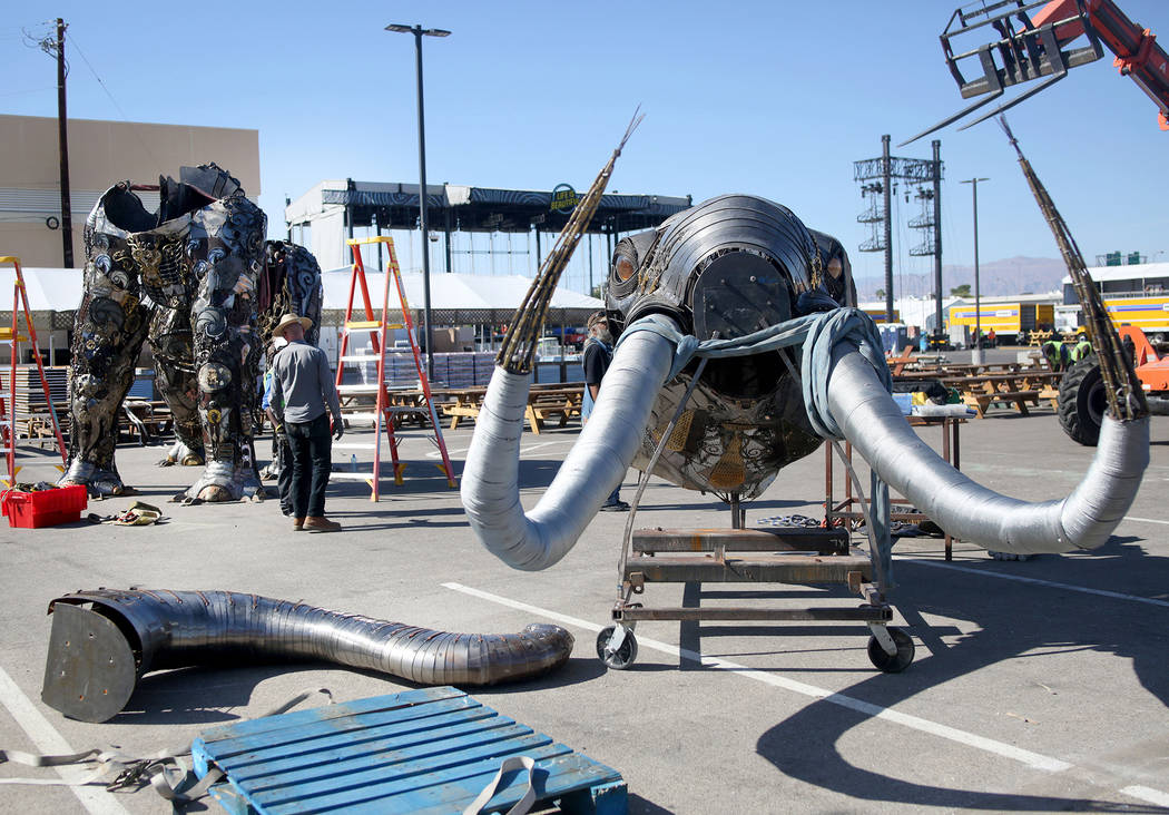 A sculpture of the "Monumental Mammoth" created by local Las Vegas artist Tahoe Mack, 18, is be ...