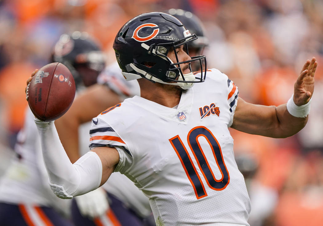 Chicago Bears quarterback Mitchell Trubisky throws during an NFL football game between the Denv ...