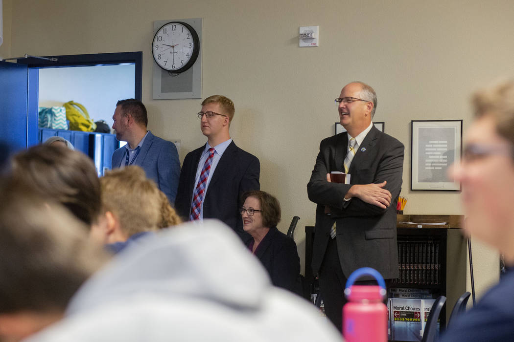Assistant U.S. Secretary of Education Scott Stump, right, tours a classroom at Lake Mead Christ ...