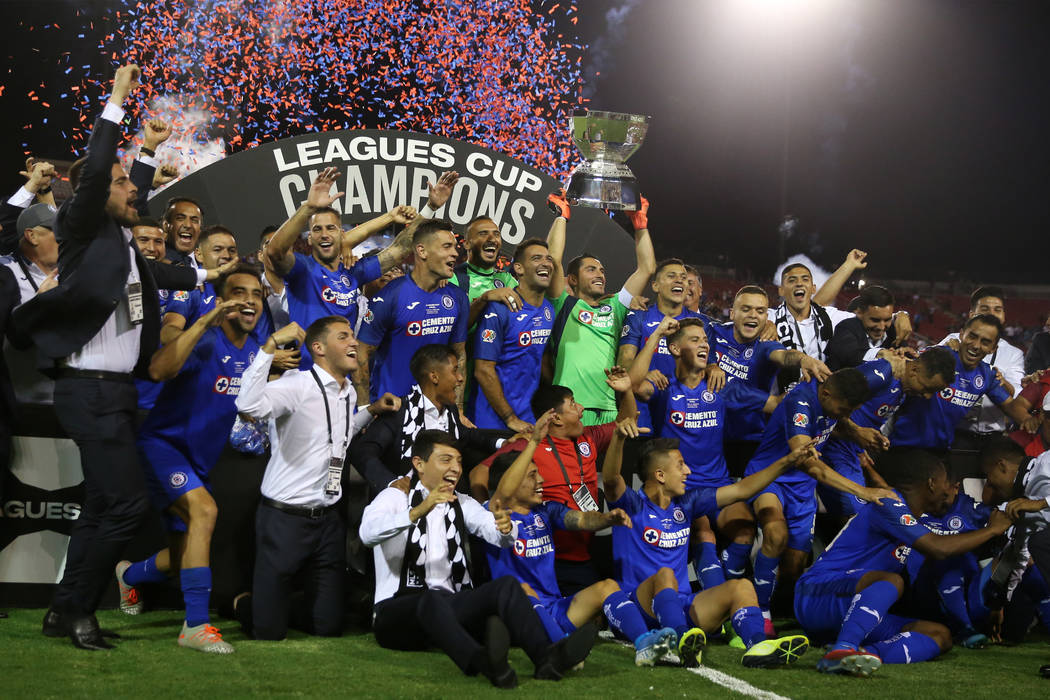 Cruz Azul celebrate their 2-1 victory against Tigres in the Leagues Cup Final soccer game at Sa ...