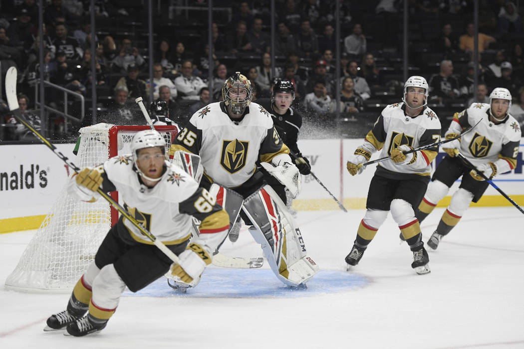 Vegas Golden Knights goalie Oscar Dansk, of Sweden, guards the net during a preseason NHL hocke ...