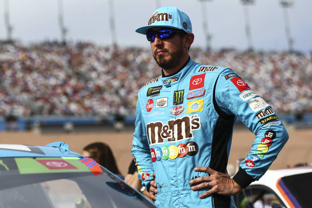 Kyle Busch prepares for a NASCAR Cup Series auto race at the Las Vegas Motor Speedway on Sunday ...