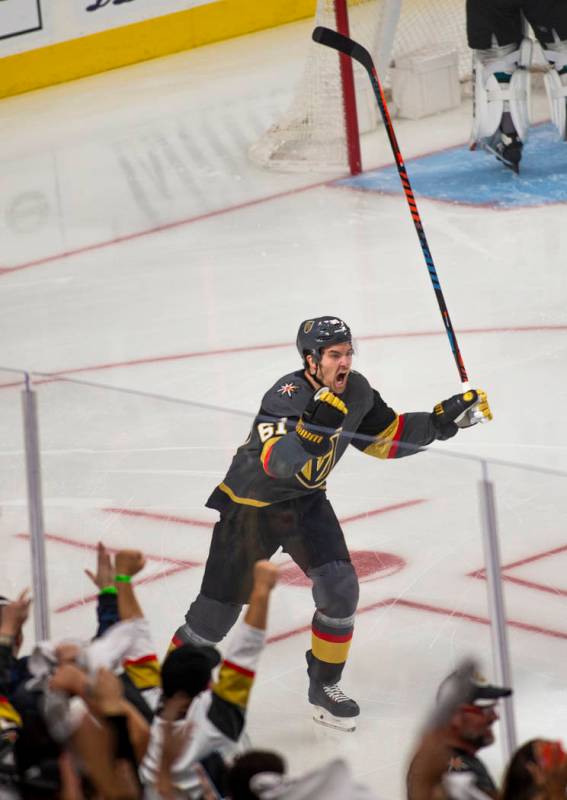 Golden Knights right wing Mark Stone (61) celebrates the team's first goal during the first per ...