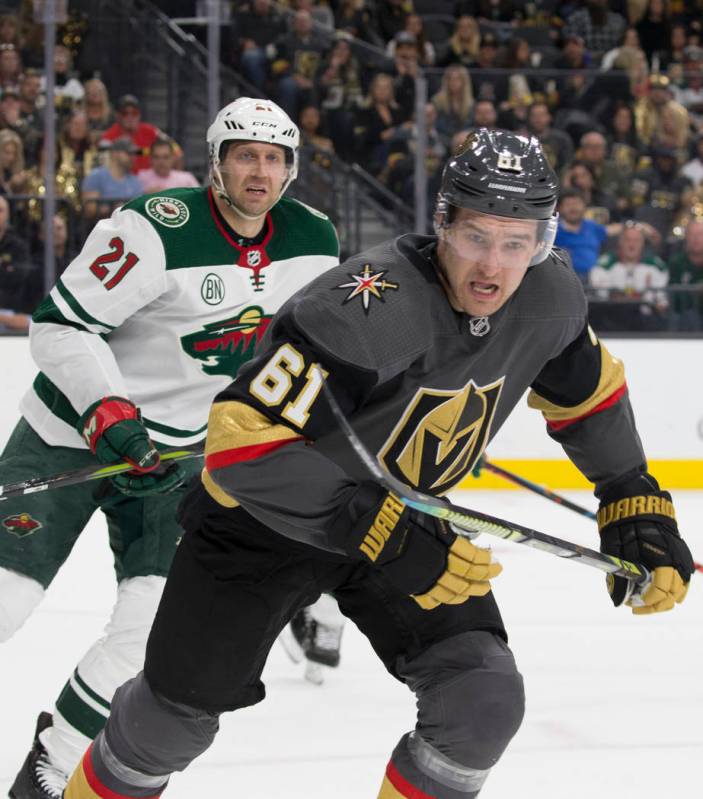 Golden Knights right wing Mark Stone (61) on Friday, March 29, 2019, at T-Mobile Arena, in Las ...