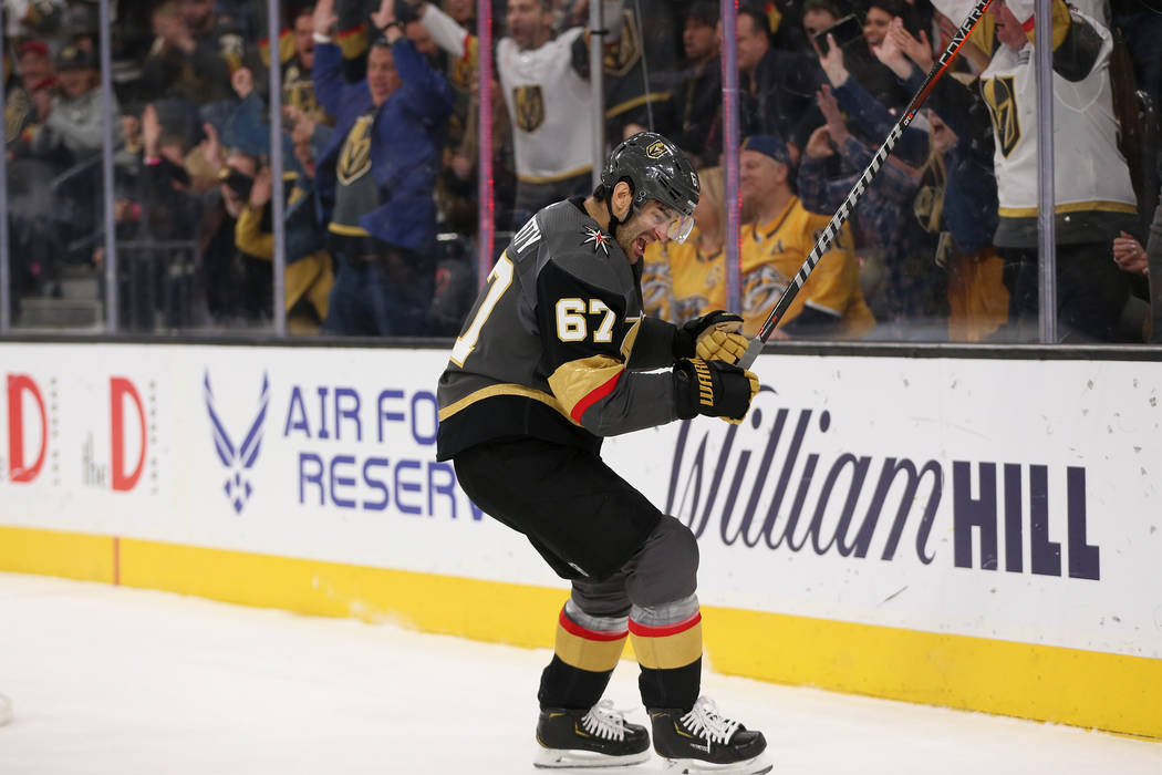 Vegas Golden Knights left wing Max Pacioretty (67) celebrates his score against Nashville Preda ...