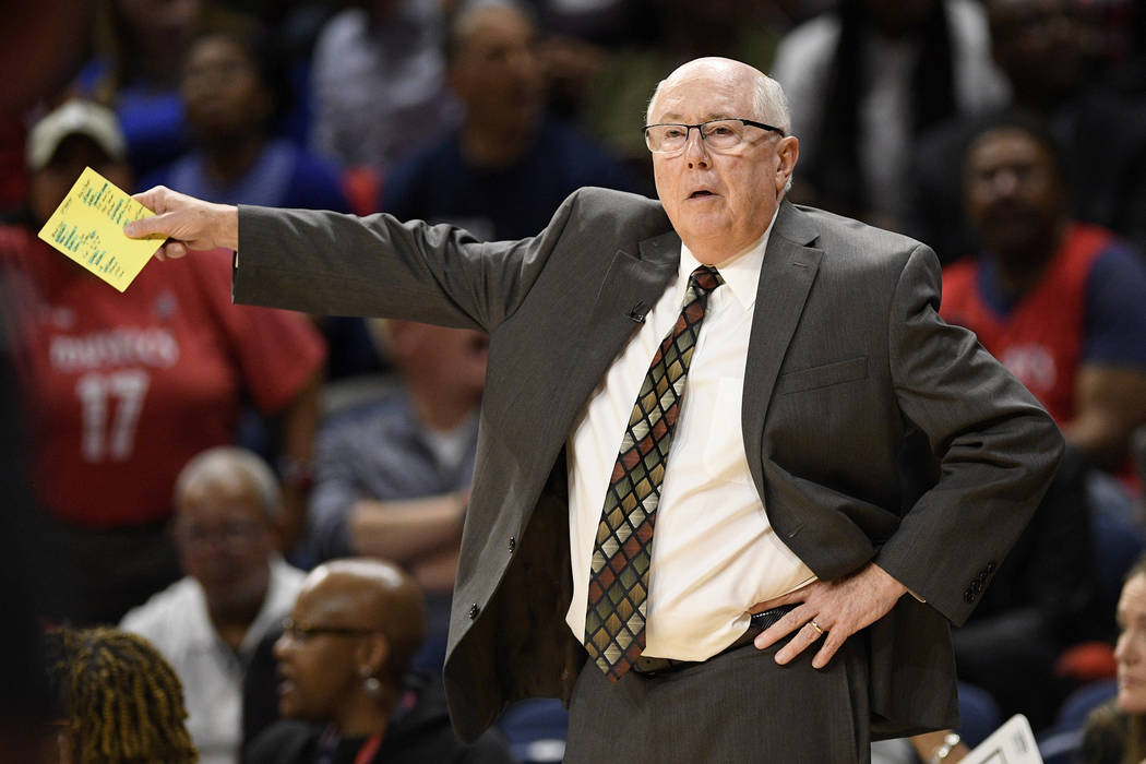 Washington Mytics coach Mike Thibault gestures during the second half of Game 2 of the team's W ...